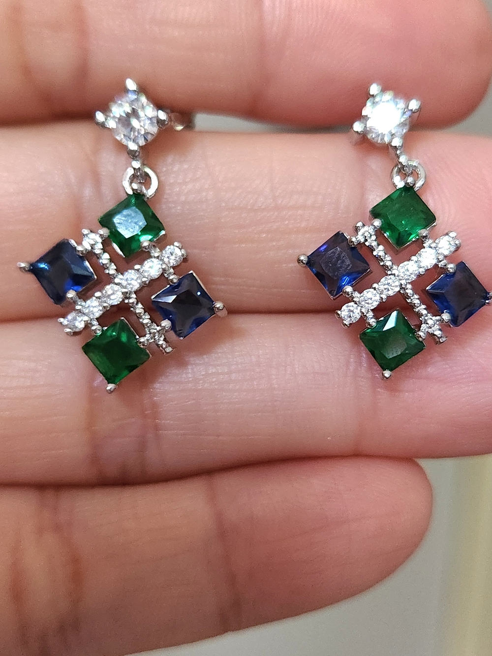 New 925 Silver Princess Cut Blue Sapphire Emerald Diamond Dangle Stud Earrings